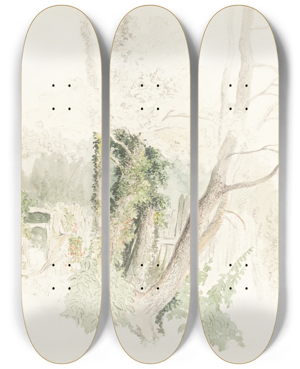 Triptych art skateboard deck of Robert Hills Trees At Beddington by Robert Hills (1769-1844)