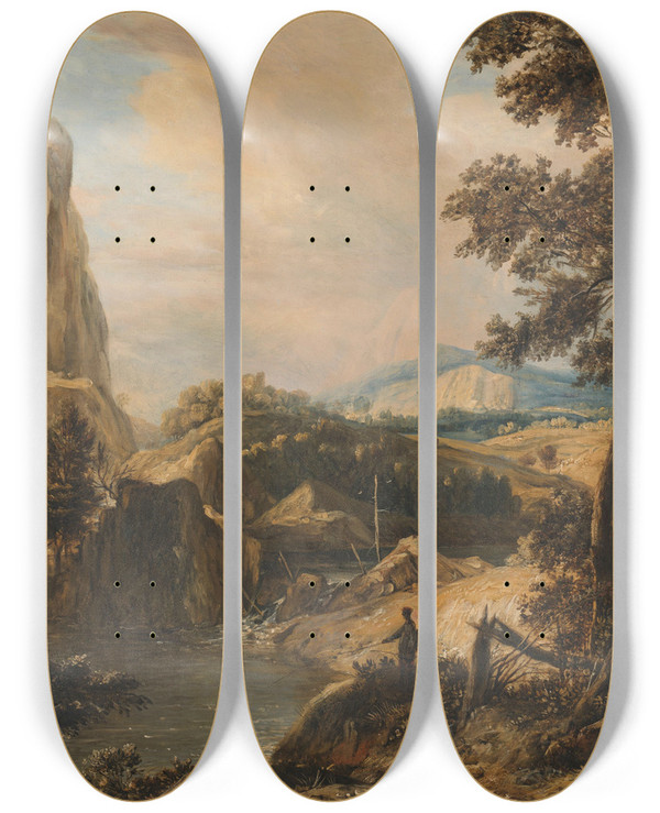 Triptych art skateboard deck of Roelant Roghman Mountainous Landscape With Fisherman by Roelant Roghman (1627-1692)
