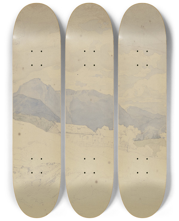 Triptych art skateboard deck of Christian Heerdt Alpine Village by Christian Heerdt (1812-1878)