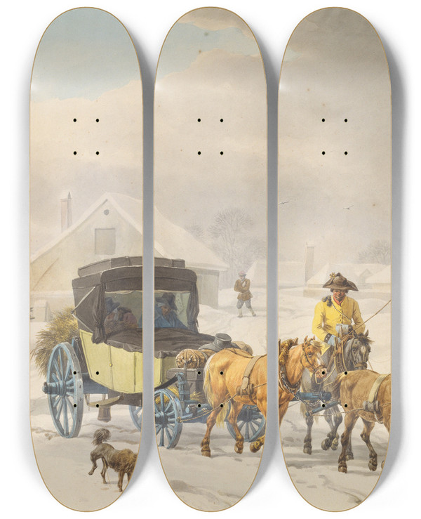 Triptych art skateboard deck of Wilhelm Von Kobell Stagecoach In Winter by Wilhelm von Kobell (1766-1853)