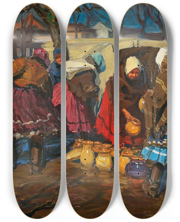 Triptych art skateboard deck of Tivadar Josef Mousson A Pottery Market In Mihalovce by Tivadar Josef Mousson (1887-1946)