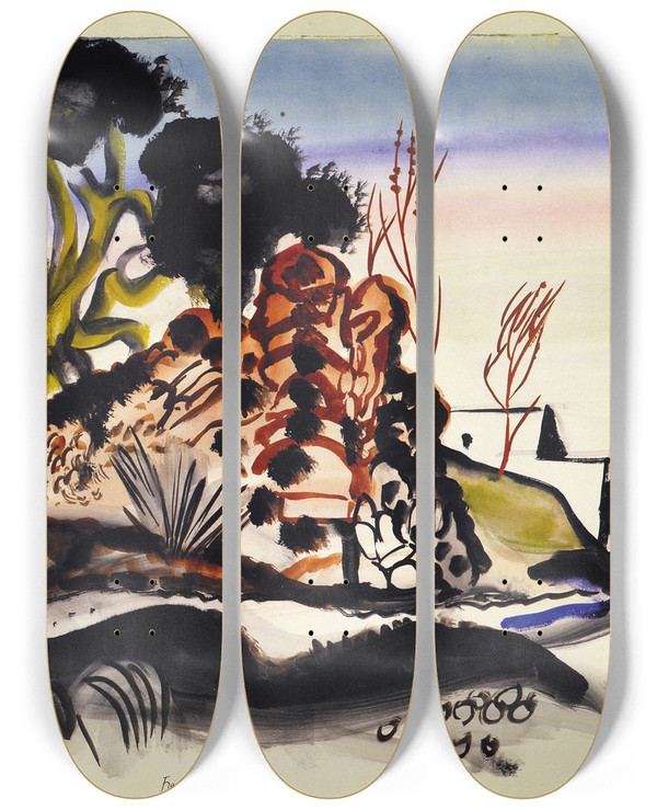 Triptych art skateboard deck of Frances Hodgkins Road To The Hills Ibiza by Frances Hodgkins (1869-1947)