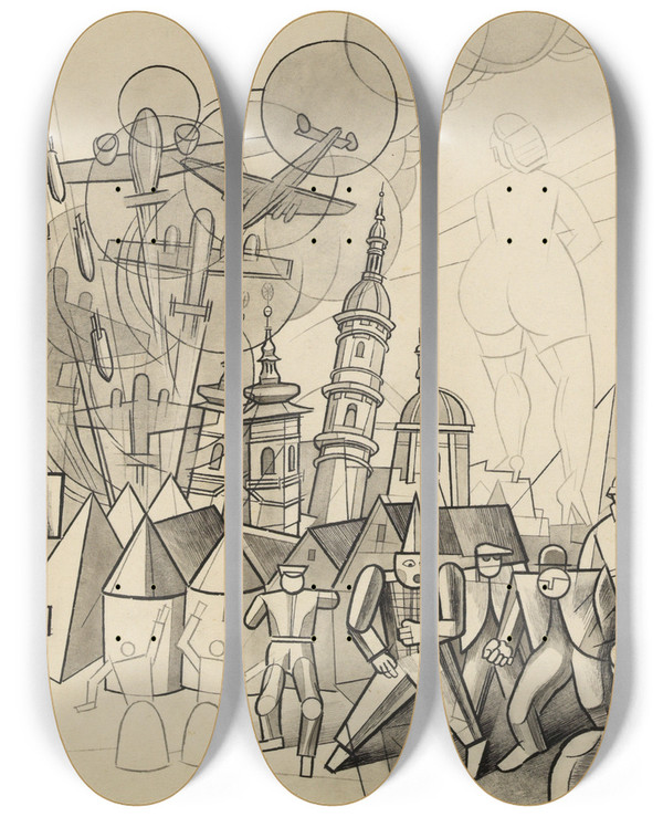 Triptych art skateboard deck of Karl Wiener Kriegsgroteske Mit Selbstbildnis by Karl Wiener (1901-1949)