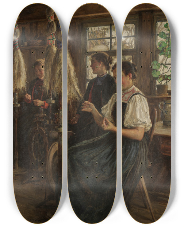 Triptych art skateboard deck of Wilhelm Gustav Friedrich Hasemann Schwarzwlder Spinnstube by Wilhelm Gustav Friedrich Hasemann