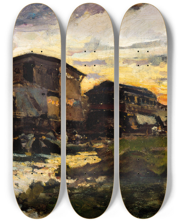 Triptych art skateboard deck of Emile Antoine Guillier Bateaulavoir Sur La Seine Aux Environs De Paris by Emile Antoine Guillier (1849-1883)