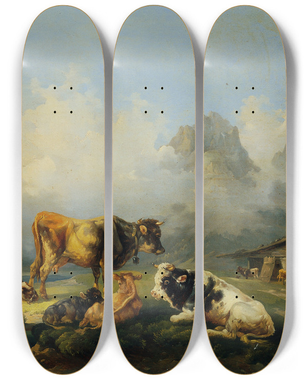 Triptych art skateboard deck of Joseph Heicke Alm Mit Rindern by Joseph Heicke (1811-1861)