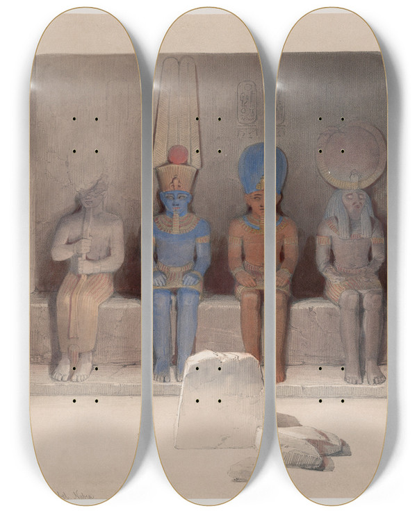 Triptych art skateboard deck of David Roberts Sanctuary Of The Temple Of Aboosimbel Nubia by David Roberts (1796-1864)
