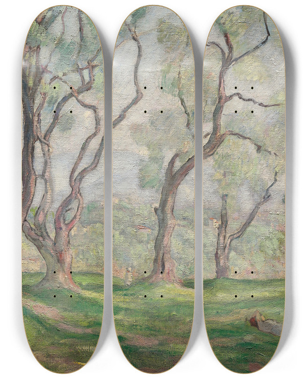 Triptych art skateboard deck of Henri Lebasque Jeune Fille Endormie Sous Les Arbres by Henri Lebasque (1865-1937)