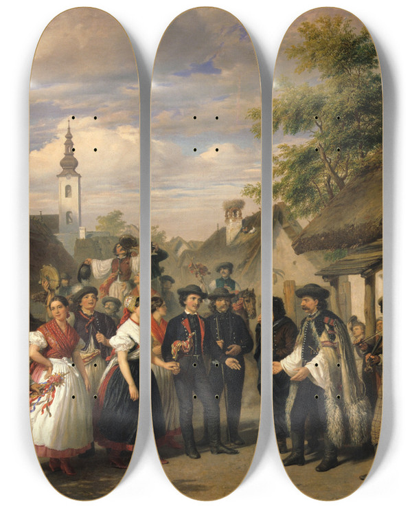 Triptych art skateboard deck of Mikls Barabs The Arrival Of The Bride by Miklos Barabas (1810-1898)