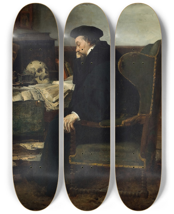 Triptych art skateboard deck of Eilif Peterssen Absorbed In His Studies by Eilif Peterssen (1852-1928)
