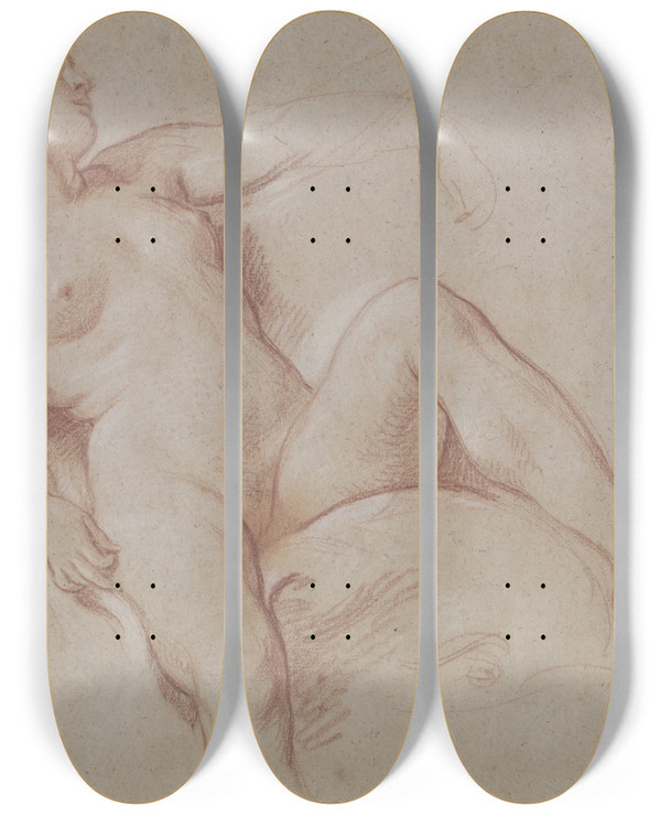 Triptych art skateboard deck of Franois Boucher Female Nude On A Dolphin by Francois Boucher (1703-1770)