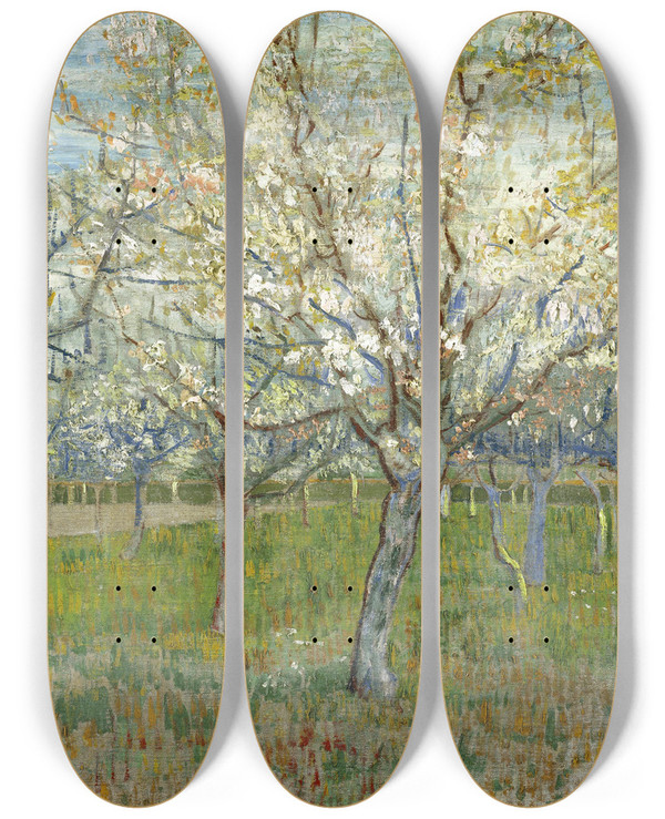 Triptych art skateboard deck of Vincent Van Gogh The Pink Orchard by Vincent van Gogh (1853-1890)