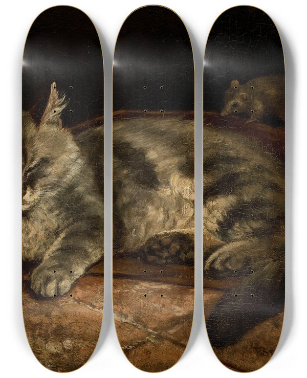 Triptych art skateboard deck of Adolf Von Becker Sleeping Grey Cat And A Rat by Adolf Von Becker (1831-1909)