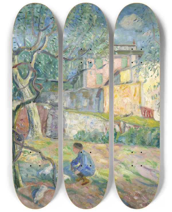 Triptych art skateboard deck of Lars Jorde From Fiesole by Lars Jorde (1865-1939)