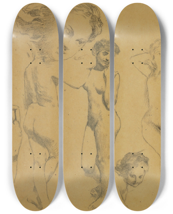 Triptych art skateboard deck of Henri Fantinlatour Studies Of Female Nudes by Henri Fantin-Latour (1836-1904)