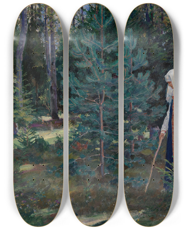 Triptych art skateboard deck of Sergei Arsenevich Vinogradov Gathering Mushrooms In The Forest by Sergei Arsenevich Vinogradov (1869-1938)
