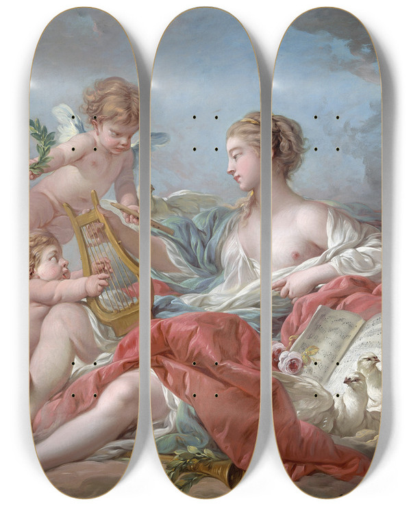 Triptych art skateboard deck of Franois Boucher Allegory Of Music_1 by Francois Boucher (1703-1770)