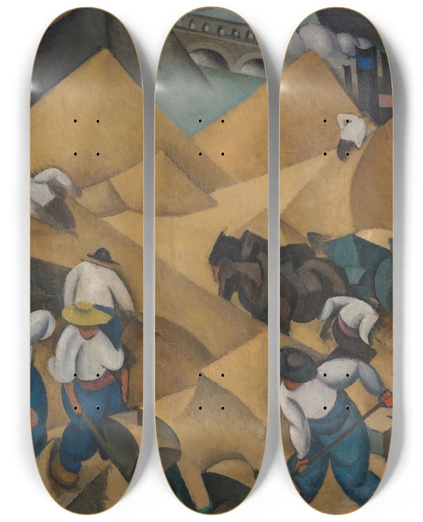 Triptych art skateboard deck of Paul Kotlarevsky Shovelling Sand On The Seine by Paul Kotlarevsky (1883-1950)