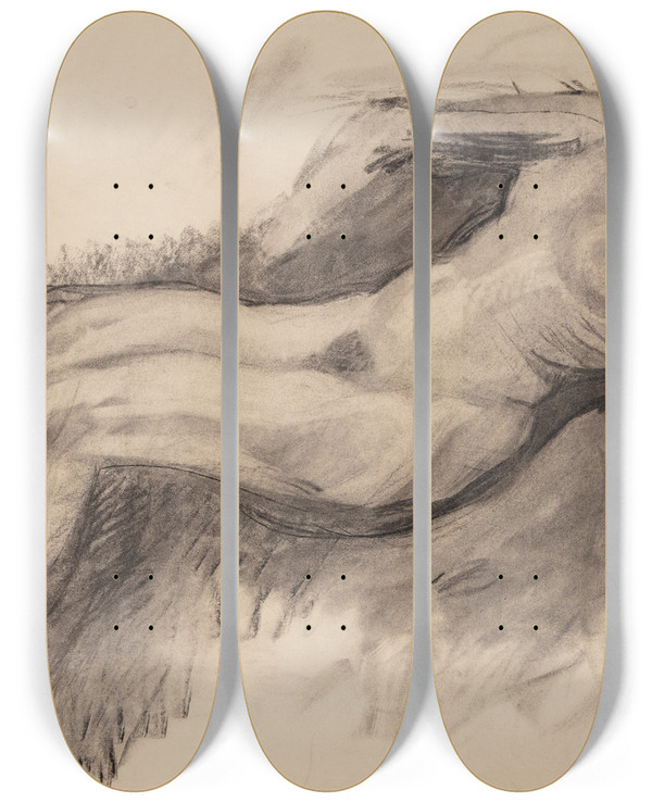 Triptych art skateboard deck of Oluf Hartmann Liggende Kvindelig Model by Oluf Hartmann (1879-1910)