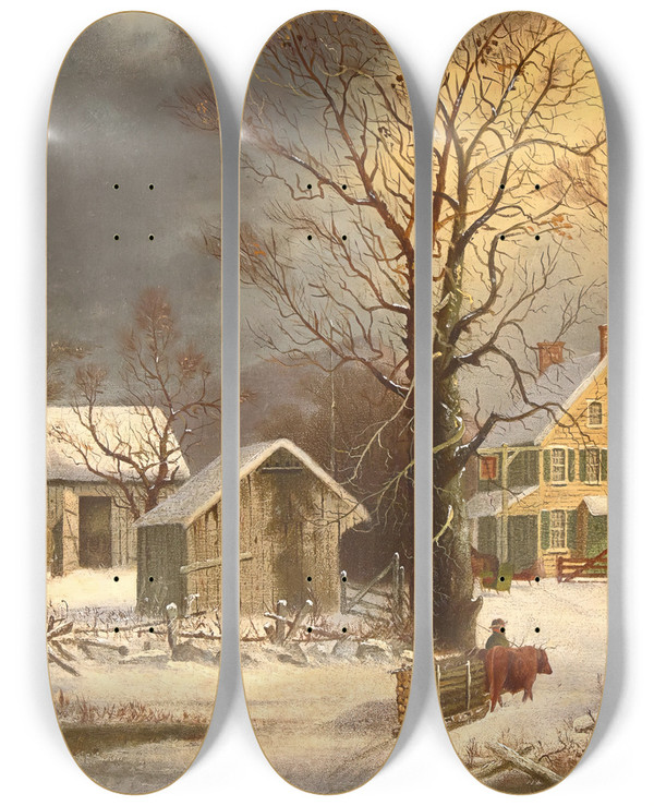 Triptych art skateboard deck of George Henry Durrie Winter In The Country A Cold Morning_1 by George Henry Durrie (1820-1863)