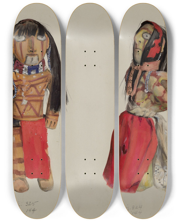 Triptych art skateboard deck of Jane Iverson Clay Indian Dolls by Jane Iverson