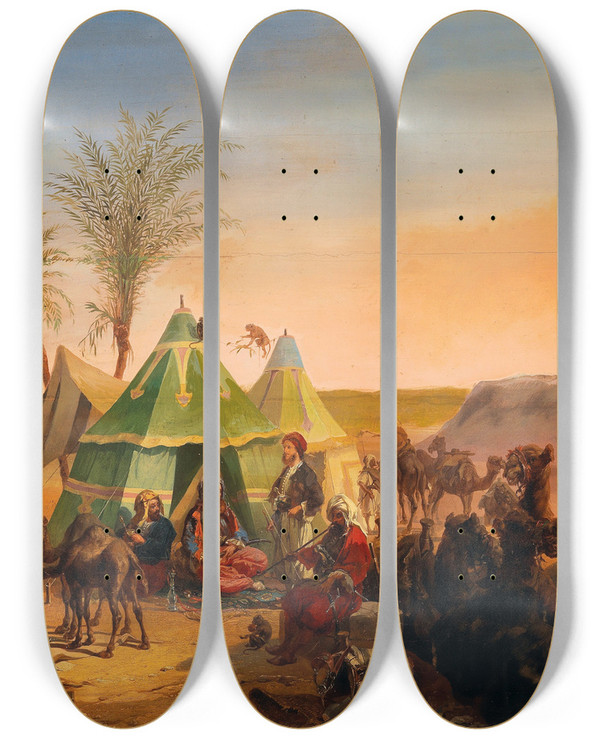Triptych art skateboard deck of Joseph Heicke A Bedouin Encampment by Joseph Heicke (1811-1861)