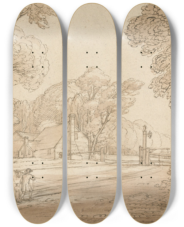 Triptych art skateboard deck of Benjamin West Road Scene In Windsor Forest by Benjamin West (1738-1820)