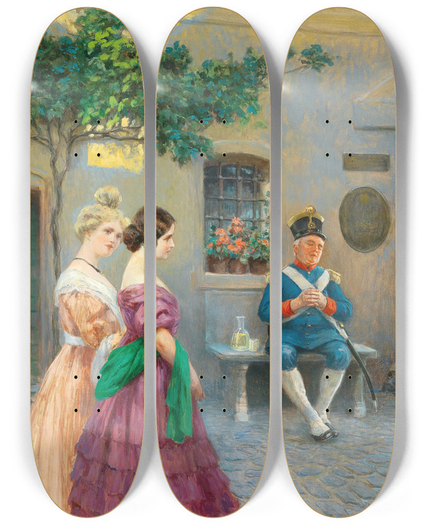 Triptych art skateboard deck of Otto Nowak Gemtliche Zeit by Otto Nowak (1874-1945)