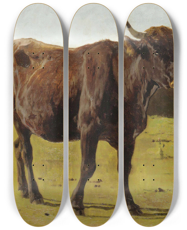 Triptych art skateboard deck of Auguste Bonheur A Cow Grazing In A Meadow by Auguste Bonheur (1824-1884)