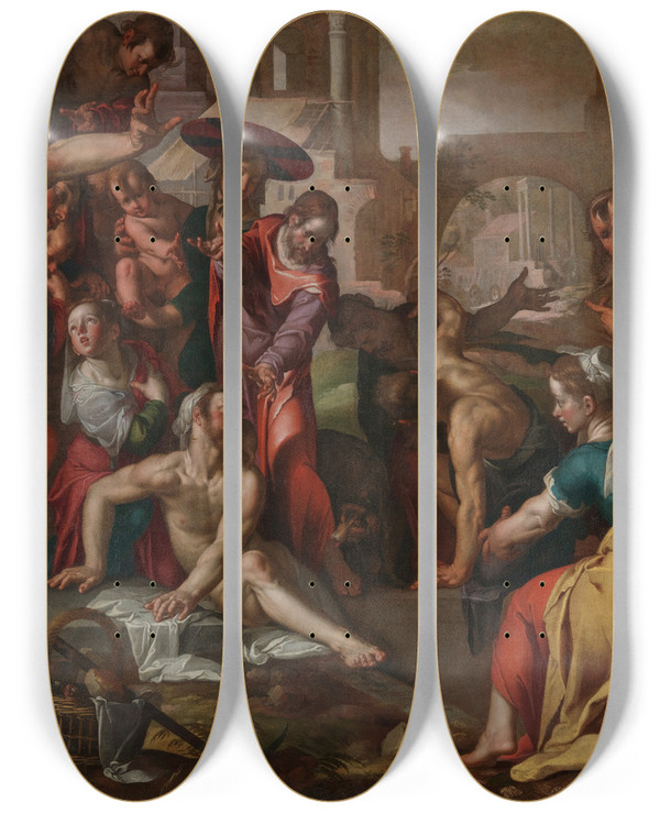 Triptych art skateboard deck of Joachim Wtewael The Raising Of Lazarus by Joachim Wtewael (1566-1638)