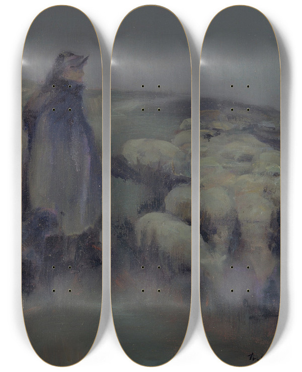 Triptych art skateboard deck of William Kennedy A Shepherdess by William Kennedy (1859-1918)