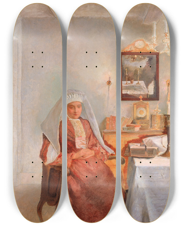 Triptych art skateboard deck of Isidor Kaufmann Friday Evening by Isidor Kaufmann (1853-1921)