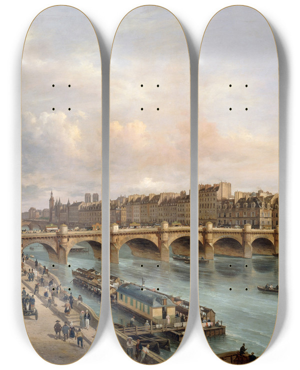 Triptych art skateboard deck of Giuseppe Canella La Cit Et Le Pontneuf Vus Du Quai Du Louvre by Giuseppe Canella (1788-1847)
