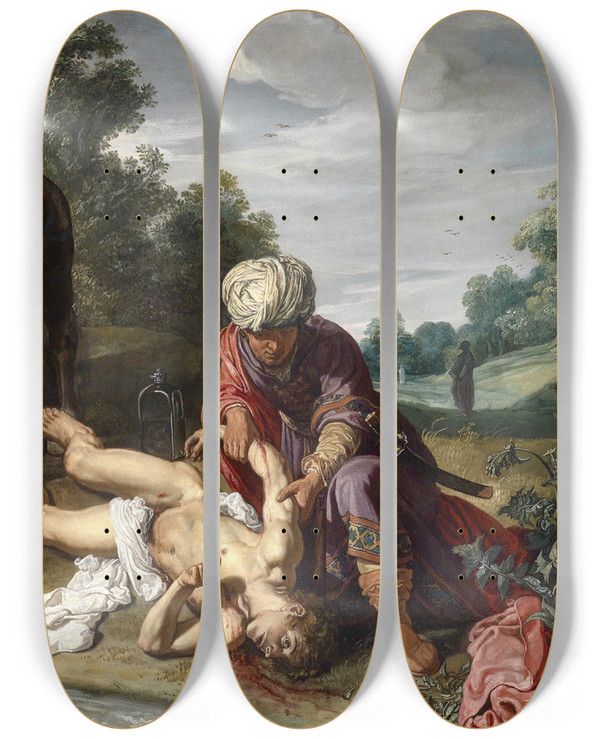 Triptych art skateboard deck of Pieter Lastman The Good Samaritan Tending The Wounds Of The Traveller by Pieter Lastman (1583-1633)