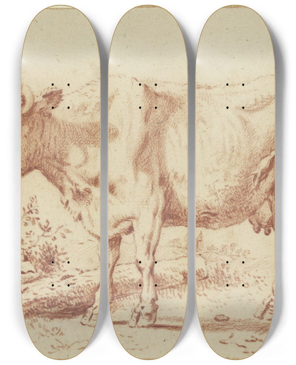 Triptych art skateboard deck of Paulus Potter Kuh Nach Links Bei Einem Am Boden Liegenden Baumstamm by Paulus Potter (1625-1654)
