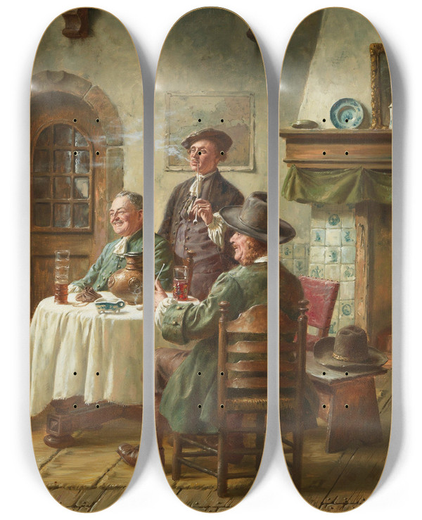 Triptych art skateboard deck of Fritz Wagner Amusing Reading by Fritz Wagner (1896-1939)