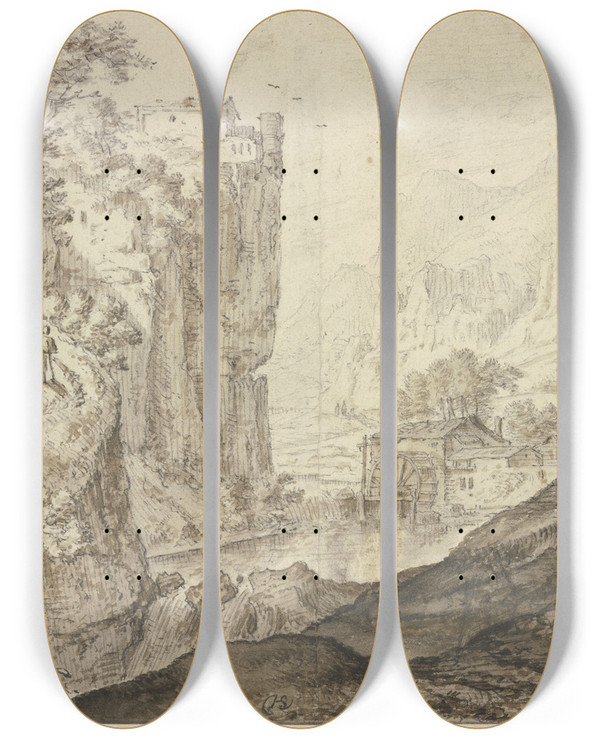Triptych art skateboard deck of Herman Saftleven Iii Rock Valley With A Mill by Herman Saftleven Iii (1609-1685)