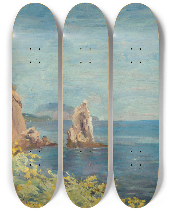 Triptych art skateboard deck of Lilly Walther View Between Jalta And Hursuf by Lilly Walther (1866-1946)