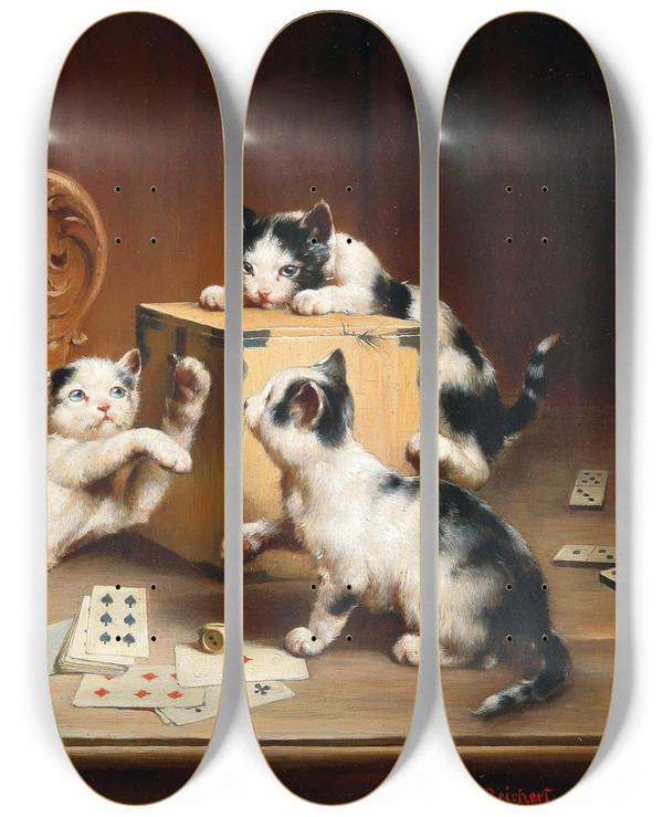 Triptych art skateboard deck of Carl Reichert Playful Kittens by Carl Reichert (1836-1918)