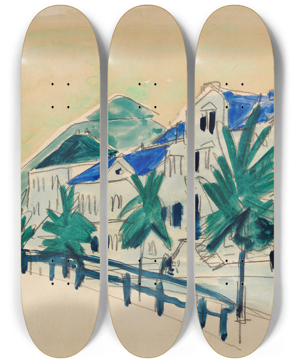 Triptych art skateboard deck of Ernst Ludwig Kirchner Huser Mit Allee by Ernst Ludwig Kirchner (1880-1938)