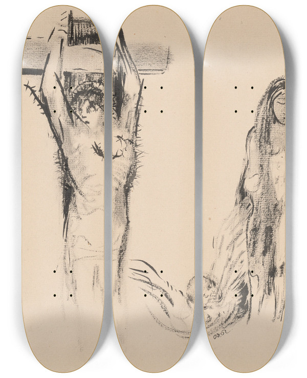 Triptych art skateboard deck of Odilon Redon Saint Anthony And The Two Temptresses Saint Antoine Et Deux Tentatrices by Odilon Redon (1840-1916)