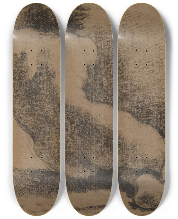 Triptych art skateboard deck of Guercino Seated Nude Boy Seen From The Back by Guercino (1591-1666)