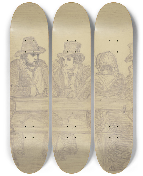Triptych art skateboard deck of Karl Sandhaas Bauern Des Kinzigtales An Einem Wirtshaustisch by Karl Sandhaas (1801-1859)