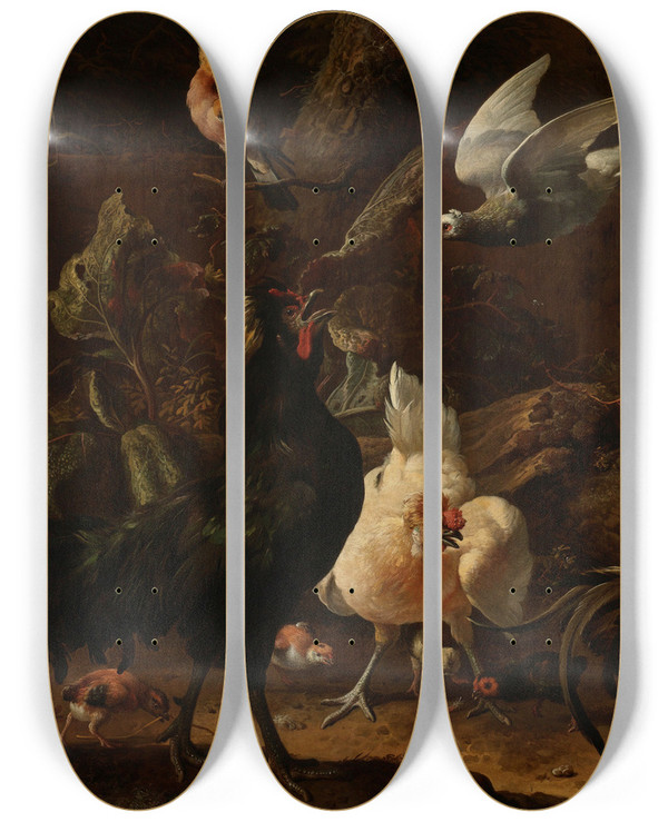 Triptych art skateboard deck of Melchior Dhondecoeter Birds In A Park by Melchior d'Hondecoeter (1636-1695)
