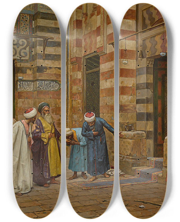 Triptych art skateboard deck of Arthur Von Ferraris Arriving At The Mosque by Arthur Von Ferraris (1856-1936)