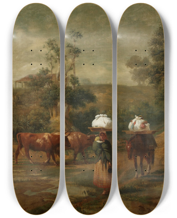 Triptych art skateboard deck of Prilidiano Pueyrredn Lavanderas En El Bajo De Belgrano by Prilidiano Pueyrredon (1823-1870)
