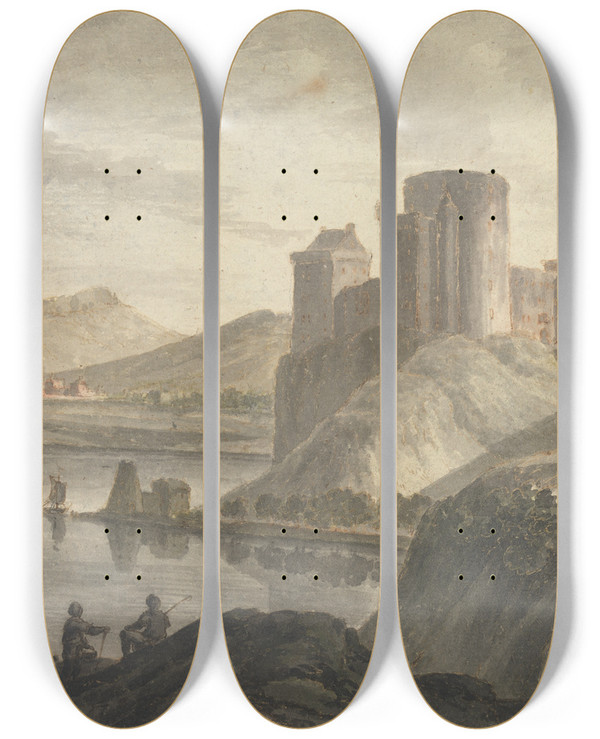 Triptych art skateboard deck of Robert Adam Castle With Figures In A Classical Landscape by Robert Adam (1728-1792)
