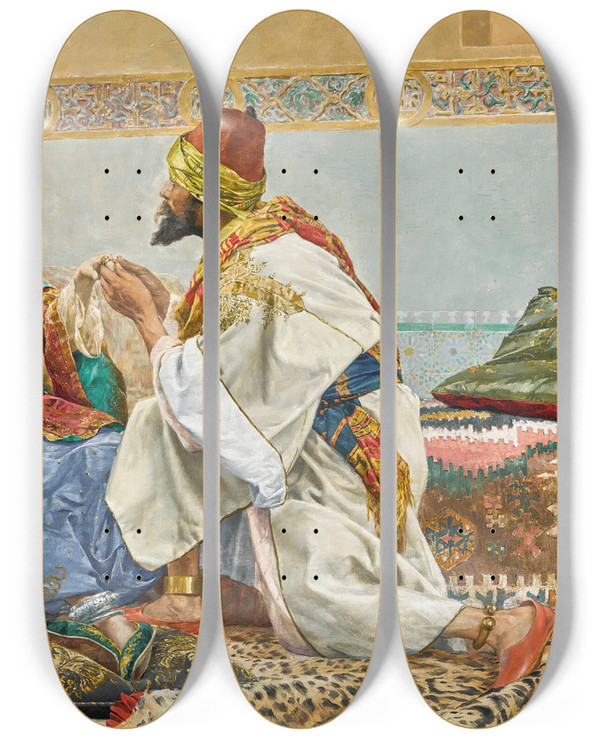 Triptych art skateboard deck of Antonio Fabrs A Gift For The Favourite by Antonio Fabres (1854-1938)