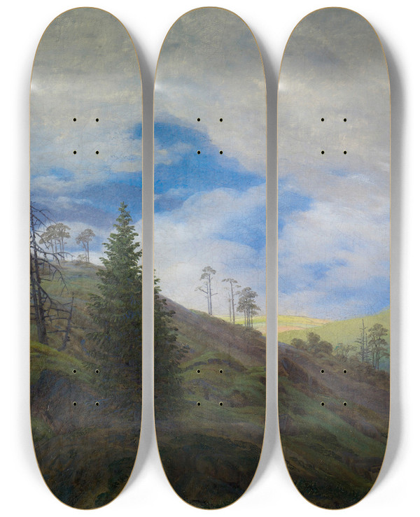 Triptych art skateboard deck of Caspar David Friedrich Sunburst In The Riesengebirge by Caspar David Friedrich (1774-1840)