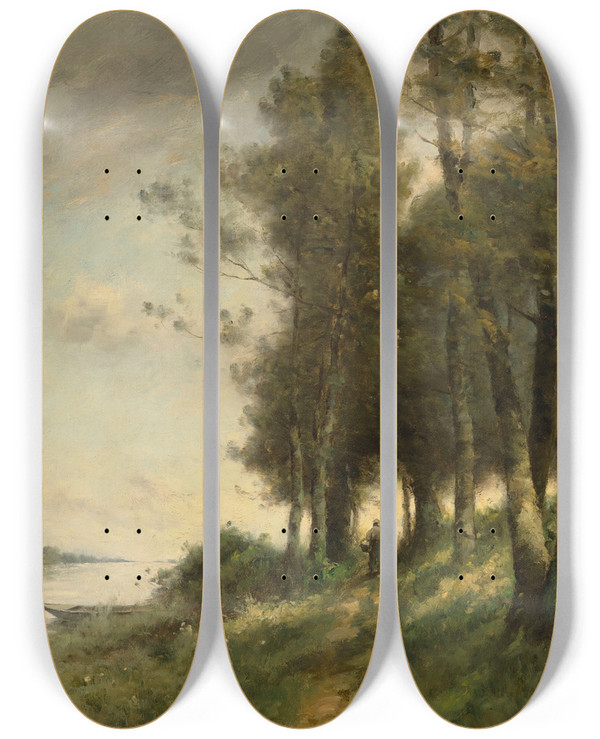 Triptych art skateboard deck of Paul Dsir Trouillebert Paysanne Au Bord De Leau by Paul Desire Trouillebert (1829-1900)